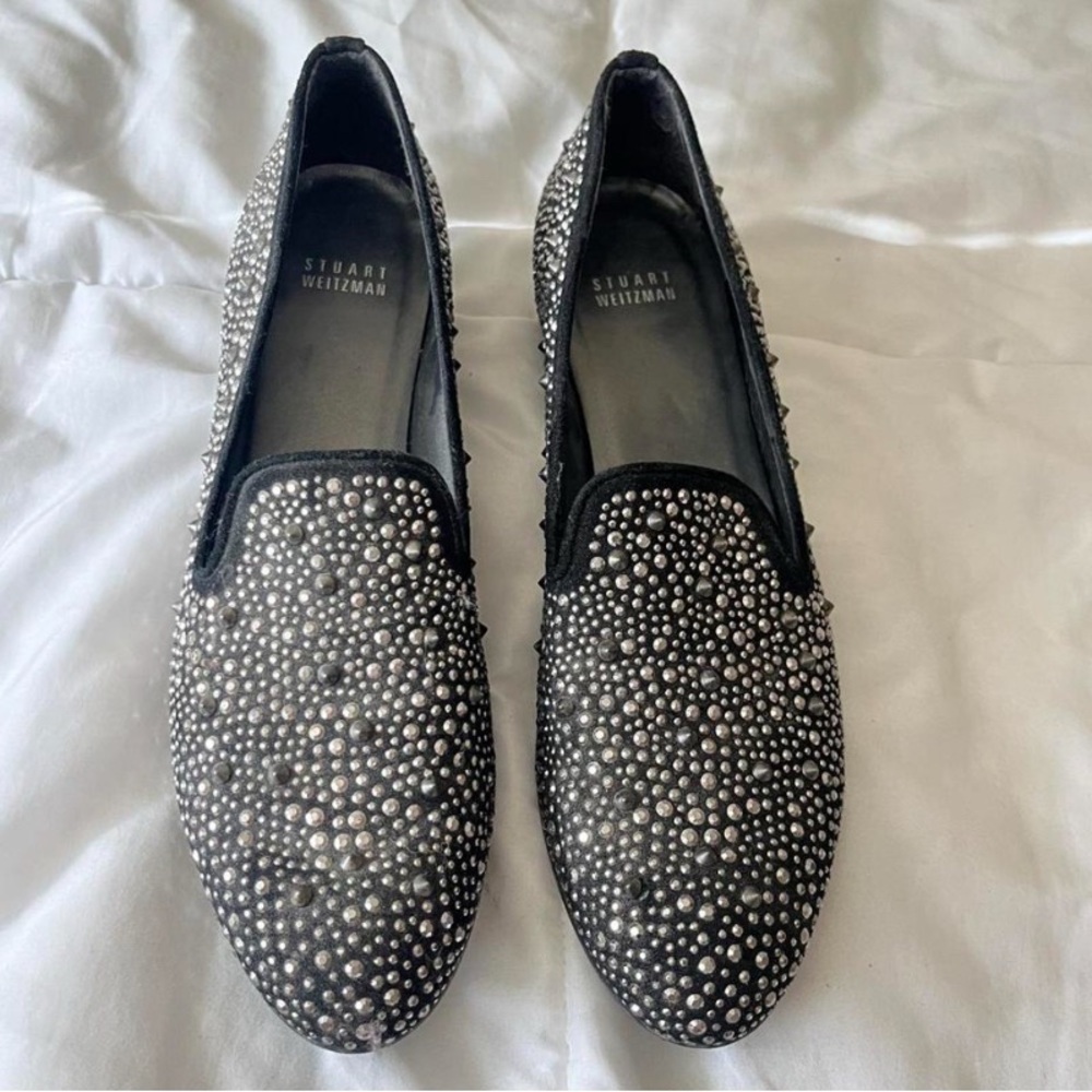 Stuart Weitzman Black and Silver Studded Flats